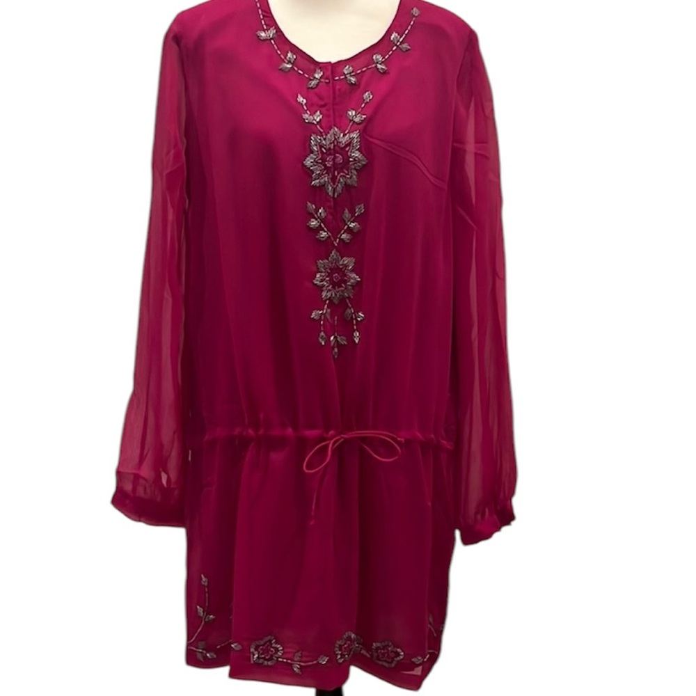 Antik Batik Fuchsia Pink   Embroidered Dress Beaded Long Sleeve Large Coverup
